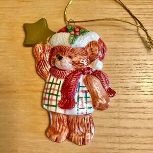 Vintage/Christmas Ornament/Fitz And Floyd Plaid Teddy Bear / Star Hat Scarf 1992